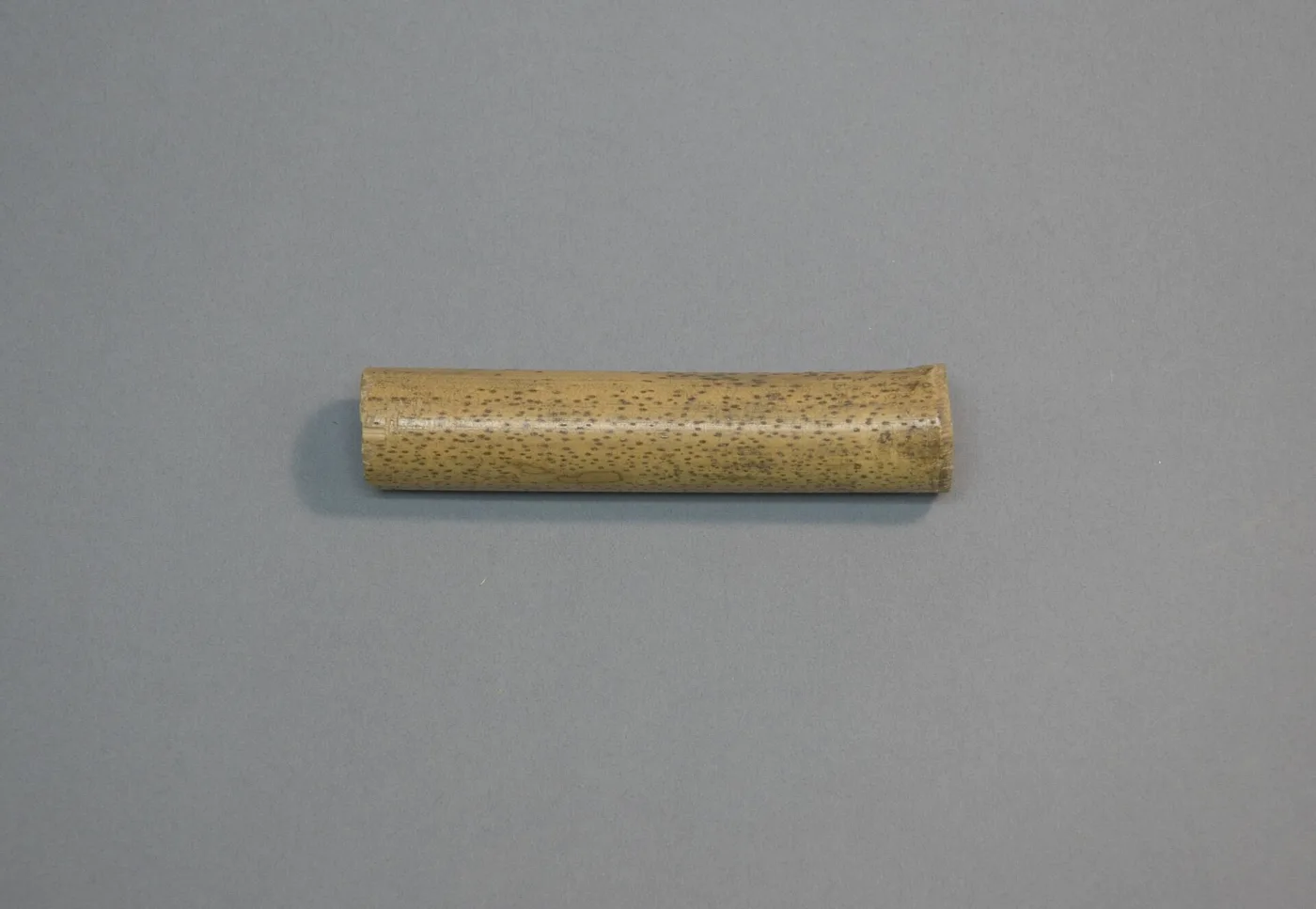 Short length of bamboo tube mounted as a drill bit, lying on a plain grey ground