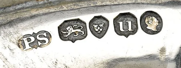Row of five struck silver marks: a two-letter maker's punch, a walking lion, a leopard's head, a date letter, and a small sovereign's head