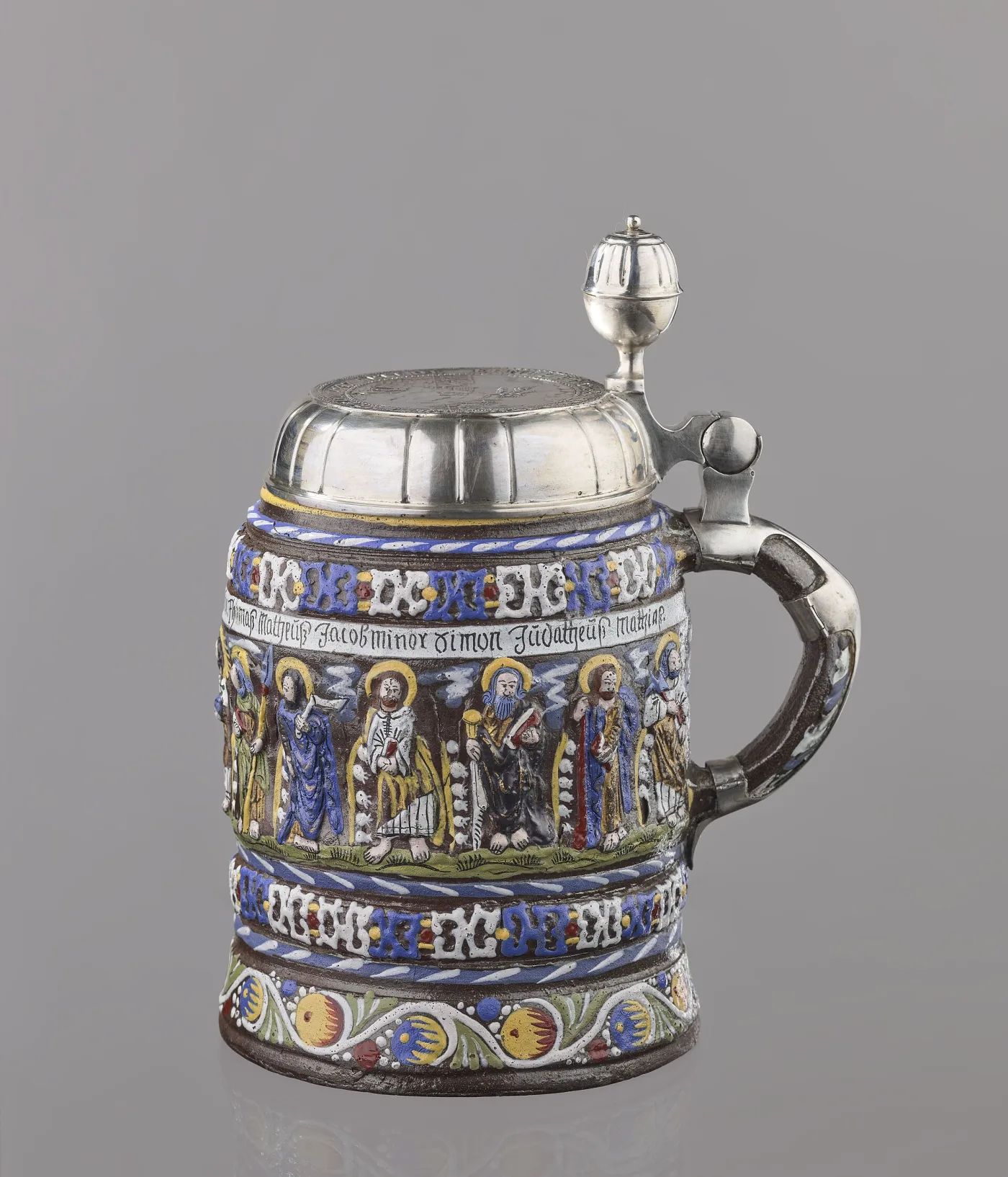 Mid-17th-century stein with silver mounts and a band of coloured enamel decoration