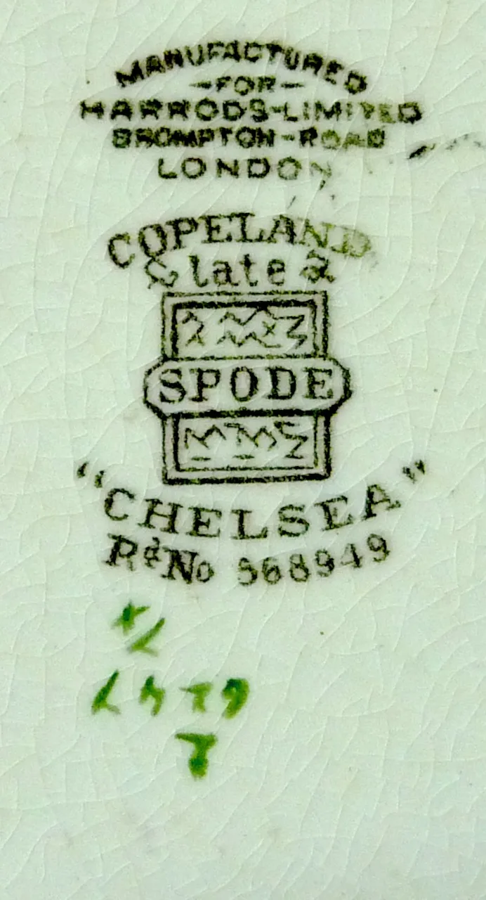 Printed green backstamp on a crazed white glaze reading Manufactured for Harrods Limited, Brompton Road, London, above a Copeland late Spode device, the word Chelsea and a registration number, with green painted decorator's numerals below