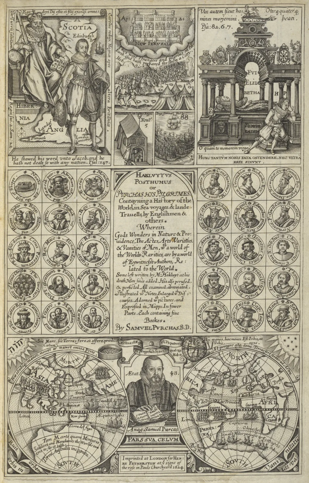 Engraved title page built as an architectural frame of columns and figures enclosing panels of lettering, with small scenes and portraits set into the design