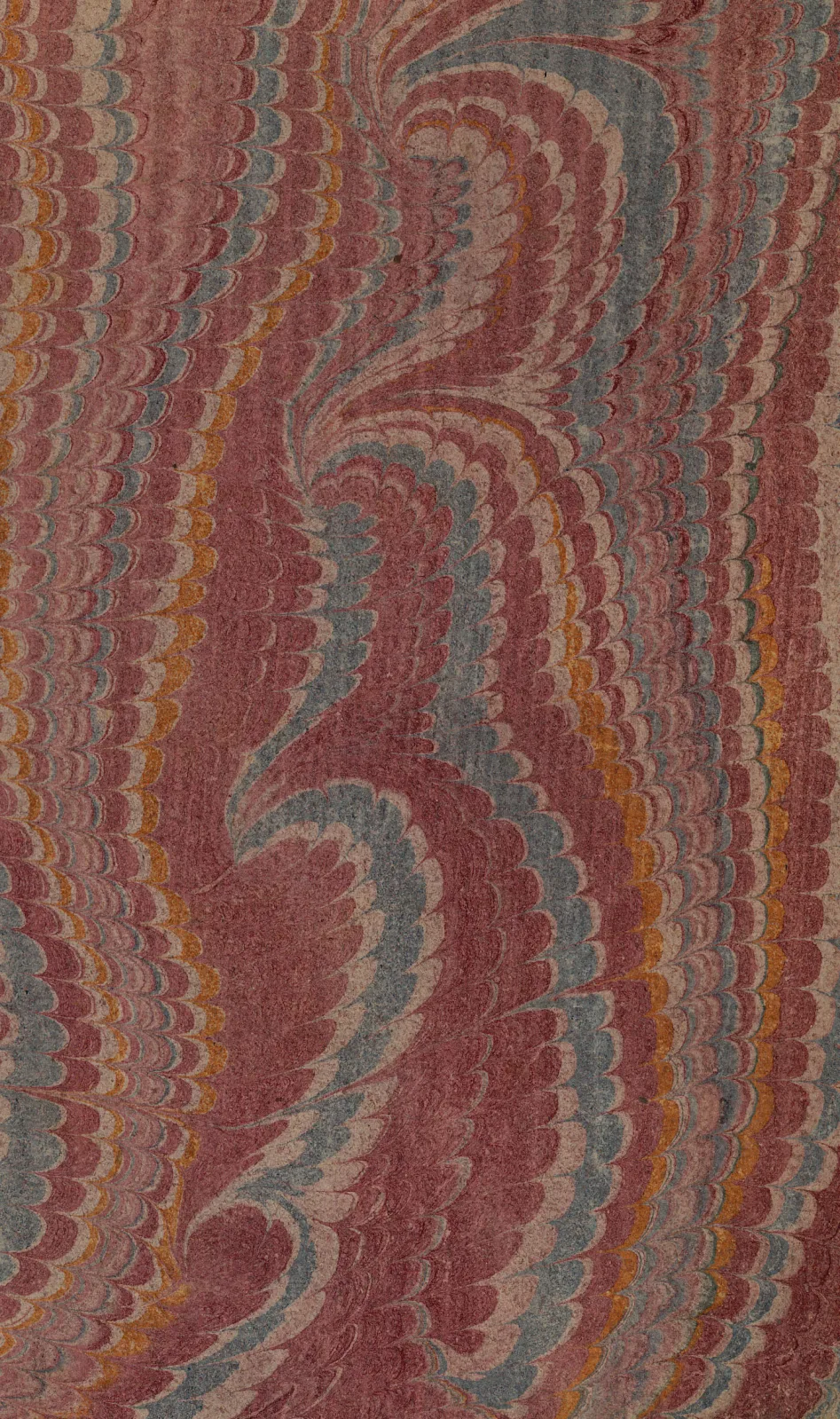 Marbled paper in muted rose, grey and ochre, the colours drawn into long wavering vertical bands with a soft feathered edge