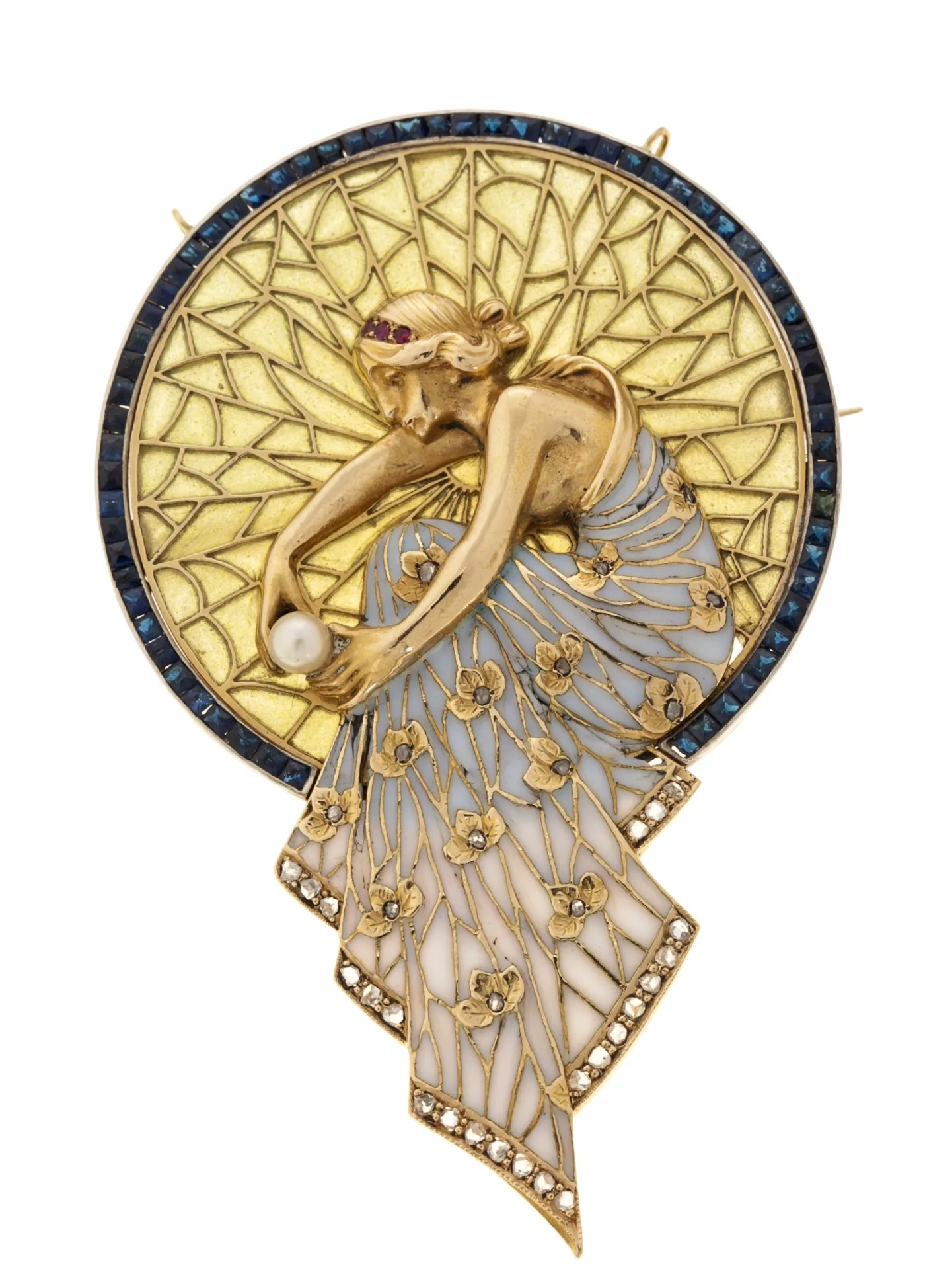 Circular brooch with a modelled gold nymph in profile holding a pearl, set against pale enamel panels and framed by a ring of square blue sapphires