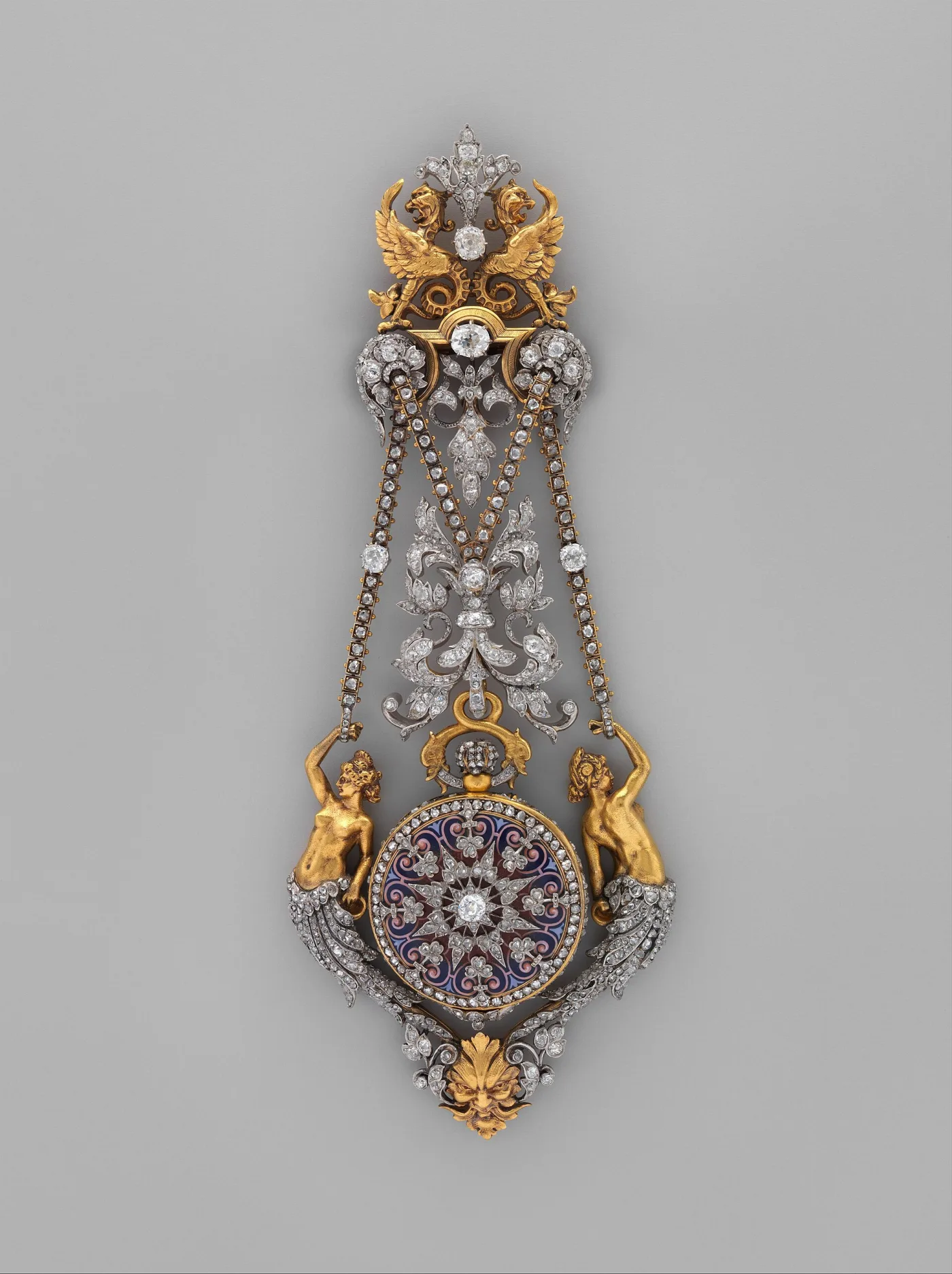 Gold and diamond chatelaine watch with winged griffins, gilt sphinx figures and a diamond-set enamel watch case