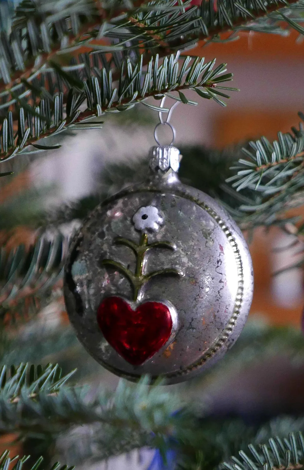 Silvered glass ball with an indent containing a raised red heart and a small white flower on a stem, hanging among fir needles