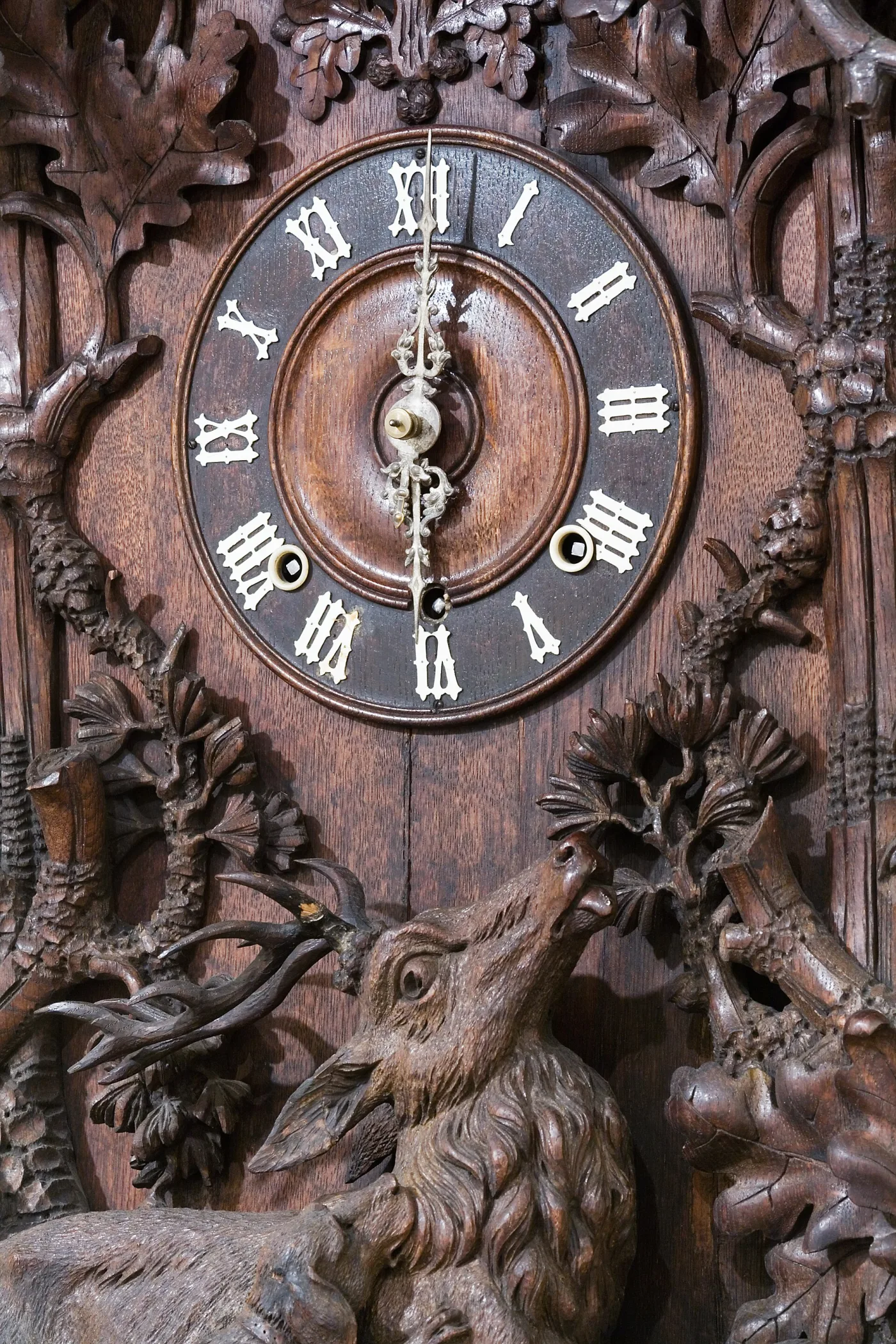 Close-up of a hunter-style cuckoo clock: a carved stag's head with antlers among oak leaves, below a dark dial ring with applied bone Roman numerals