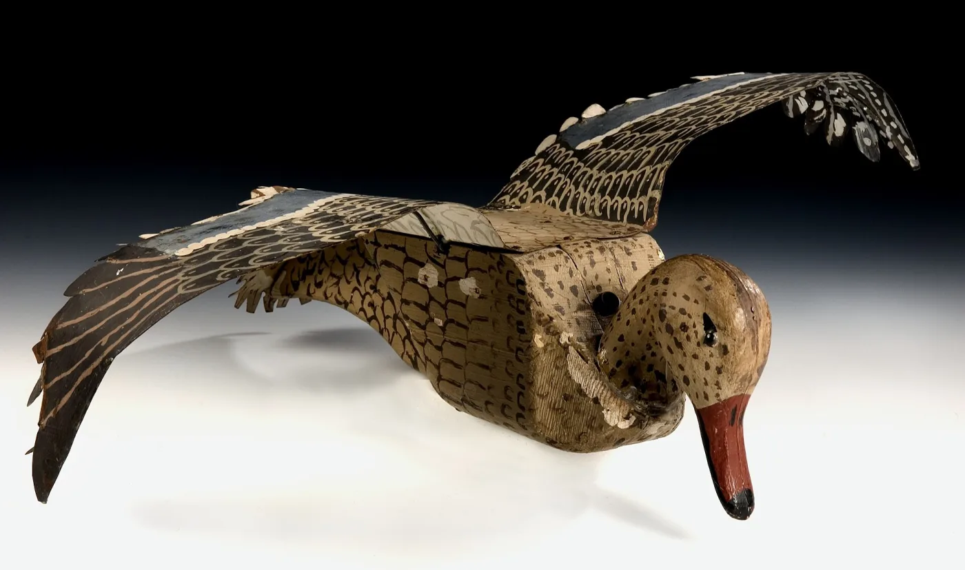 Flying mallard hen decoy with outstretched carved wings, combed feather painting and a red bill, the body worn and chipped