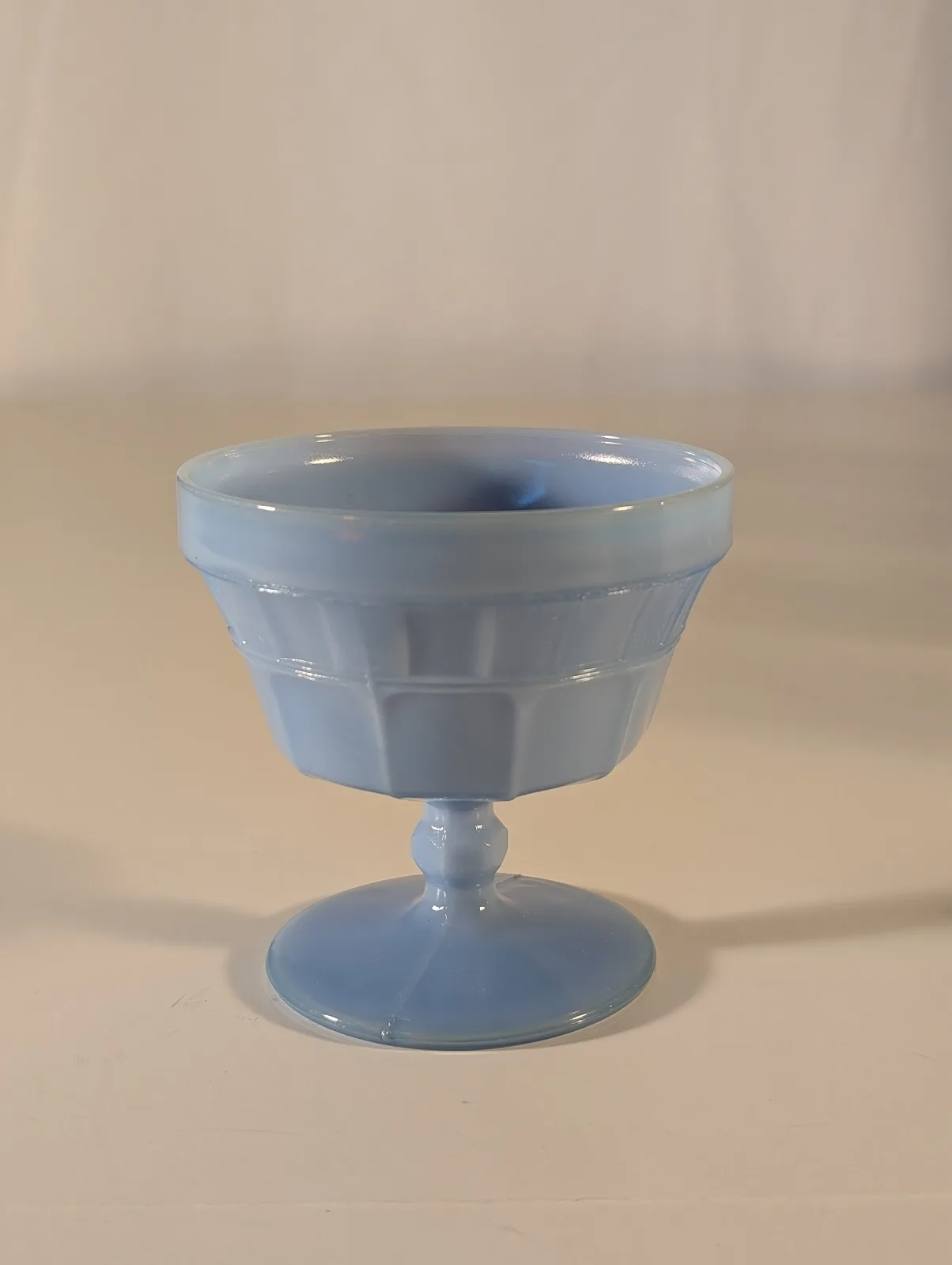 Opaque powder-blue glass sherbet with panelled sides on a short knopped stem and round foot