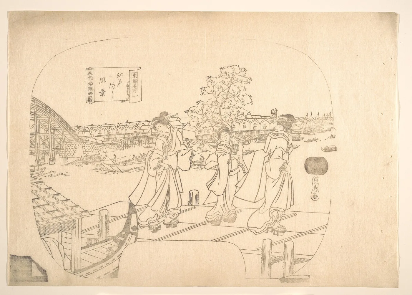 Fan-shaped print in black outline only, with three women walking beside a river and a long bridge behind them