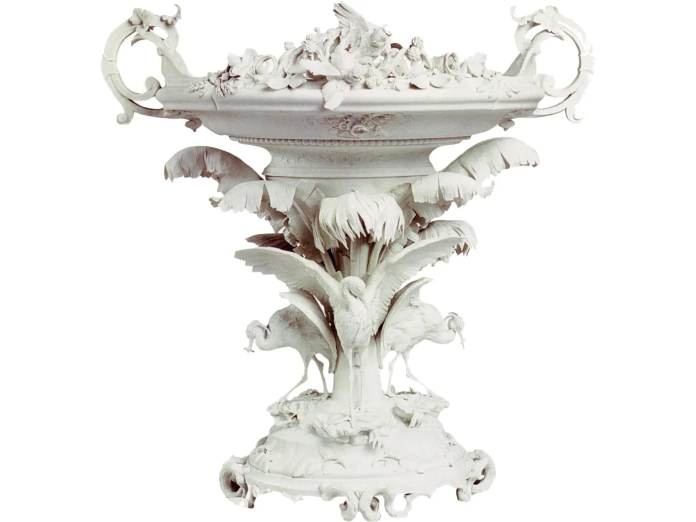 Elaborate white unglazed porcelain centrepiece modelled with figures, birds and swags of fruit and corn