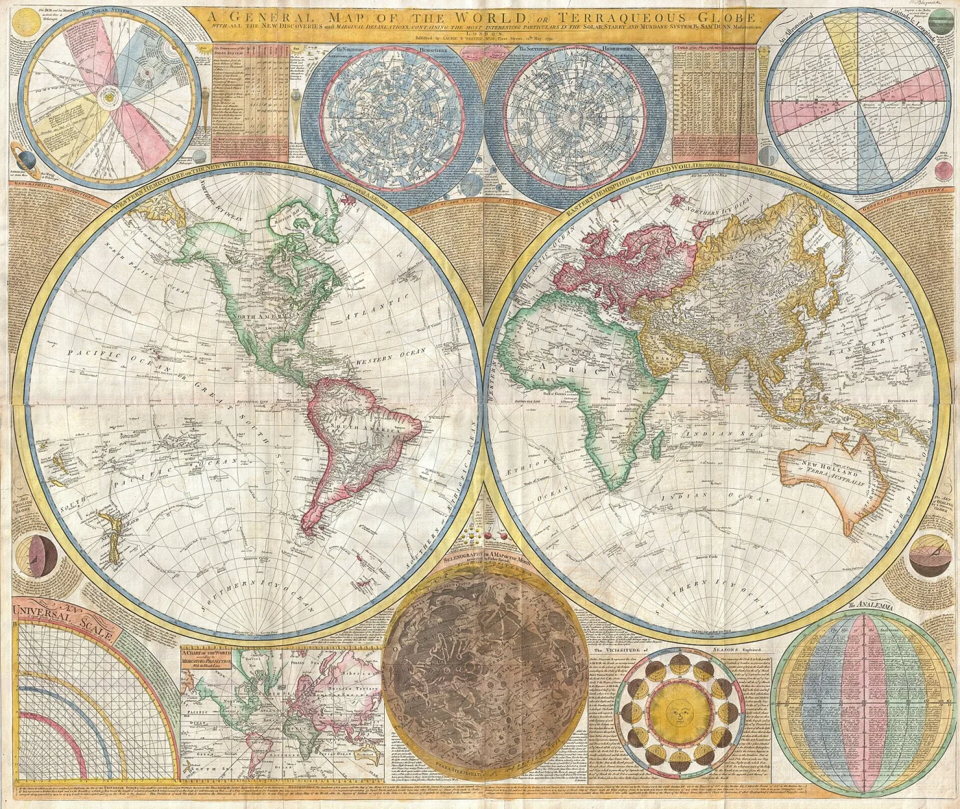Large engraved wall map of the world in two hemispheres surrounded by smaller circular diagrams of the moon, the seasons and celestial motions, lightly washed in pink, green and blue