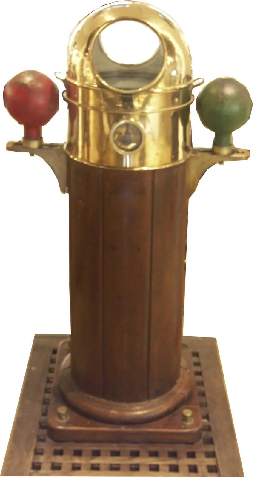 Brass binnacle on a wooden column, with a domed hood over the compass and two large spheres, one red and one green, mounted on brackets either side