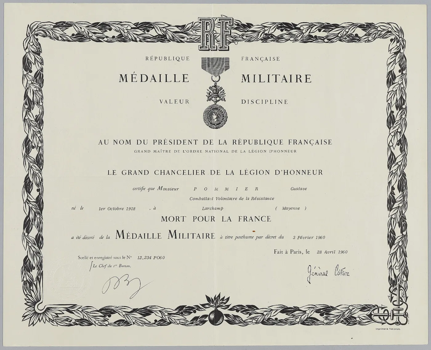 Printed French award diploma for the Medaille militaire, engraved with the medal at the top, headed Republique Francaise, with the recipient's details filled in by hand and two signatures at the foot