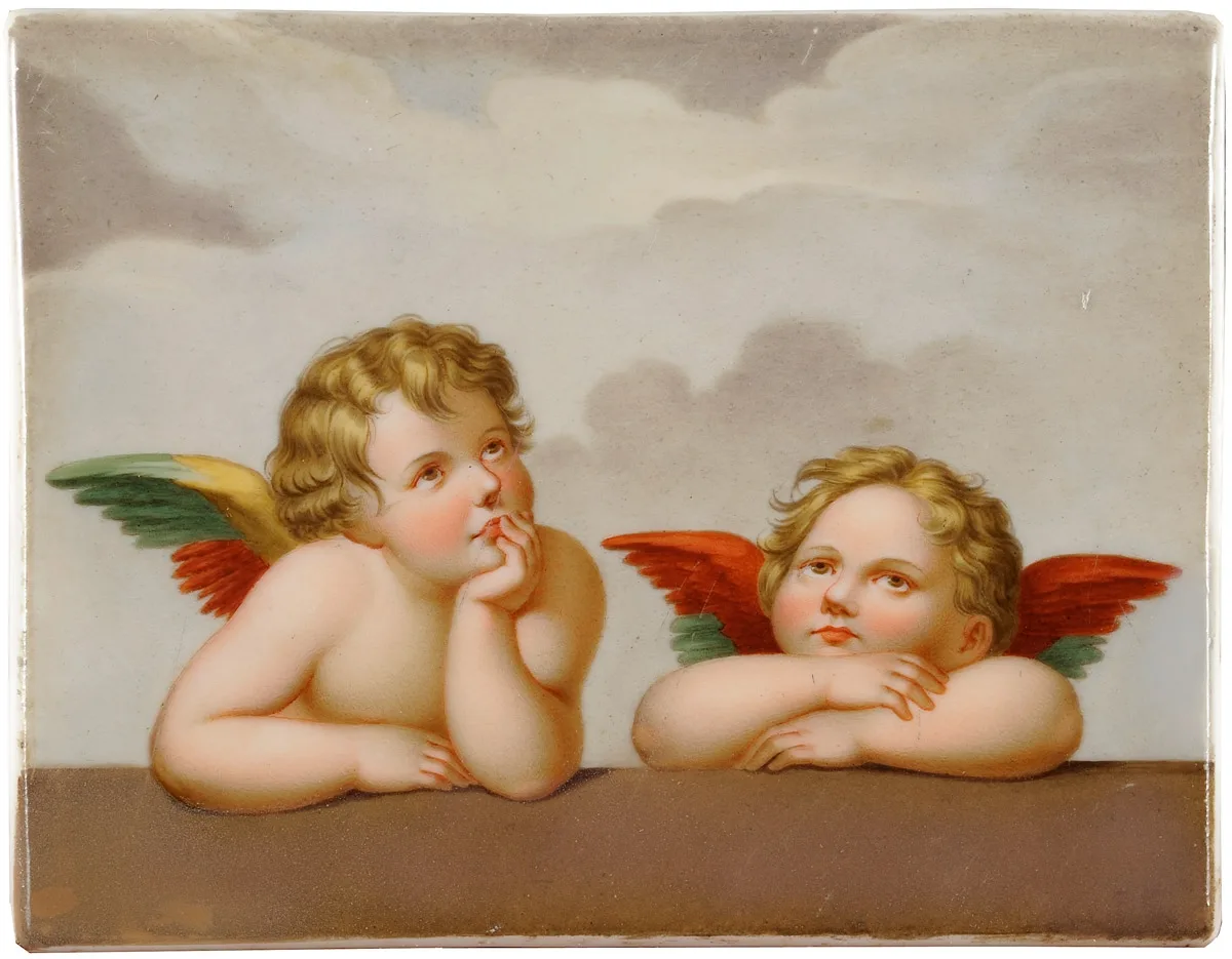 Rectangular porcelain plaque painted with two winged cherubs leaning on a ledge against a cloudy sky, in soft flesh tones and grey-blue, the surface smooth and unmodelled