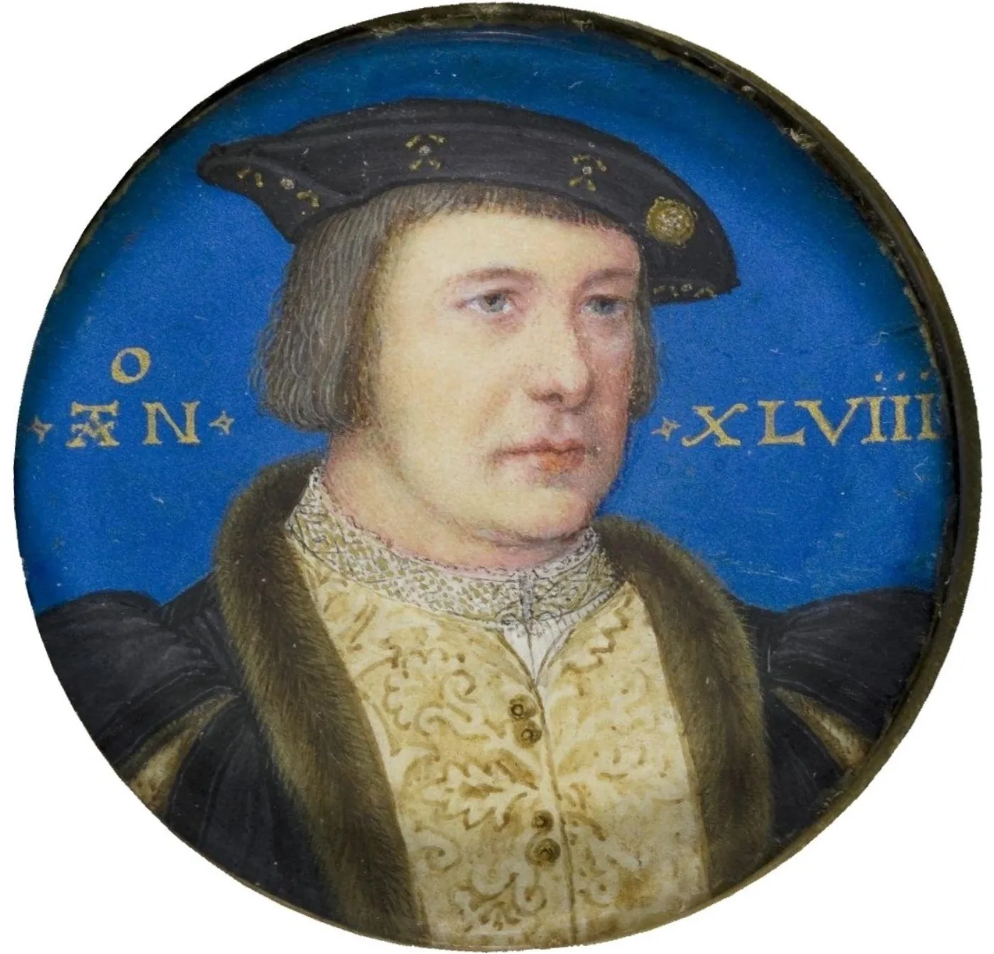 Tudor portrait miniature of a man in a black hat against a blue ground, inscribed with his age
