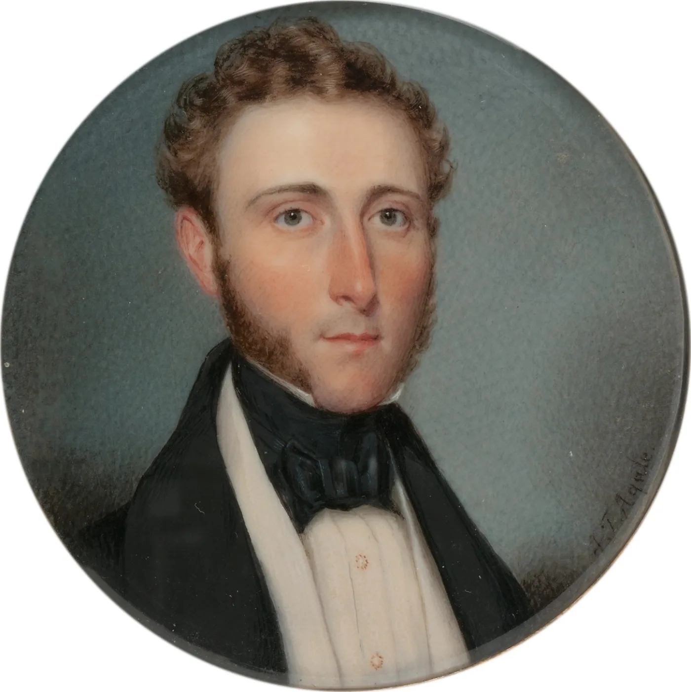 American portrait miniature of a young man with side whiskers and a black stock, circa 1835