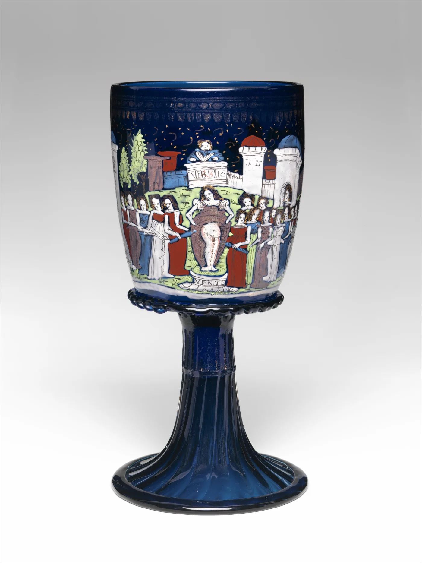 Late 15th-century Venetian goblet in deep blue glass, enamelled and gilded with a procession of figures