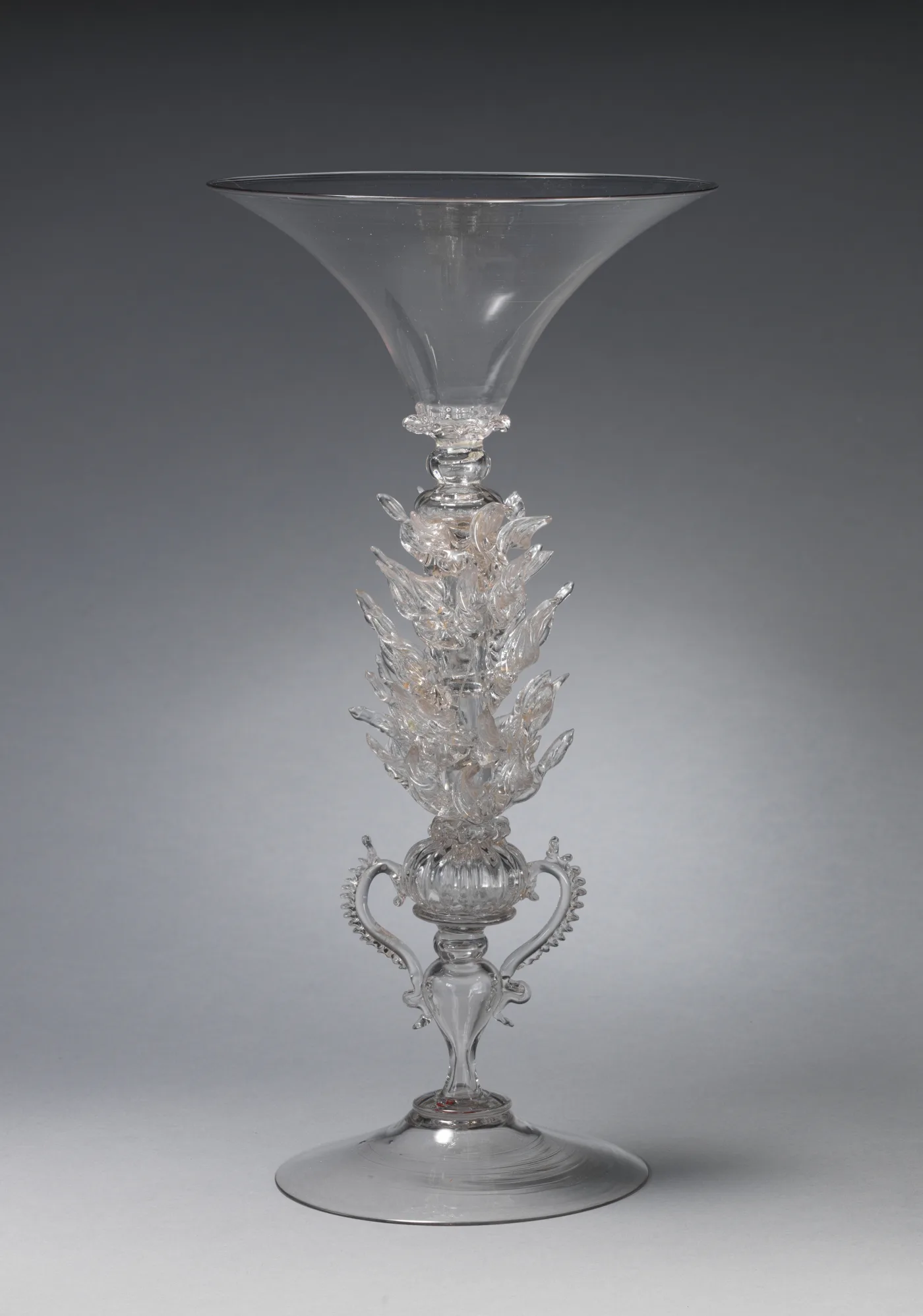 Goblet with an elaborate applied and pinched decorative stem, 17th to 18th century