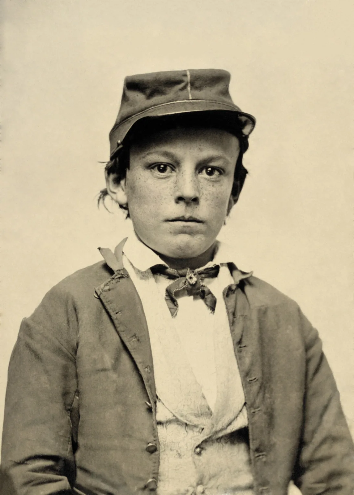 Head and shoulders portrait of a young soldier in a soft forage cap and loose jacket with a knotted neckerchief, the image warm grey-brown against a dark background