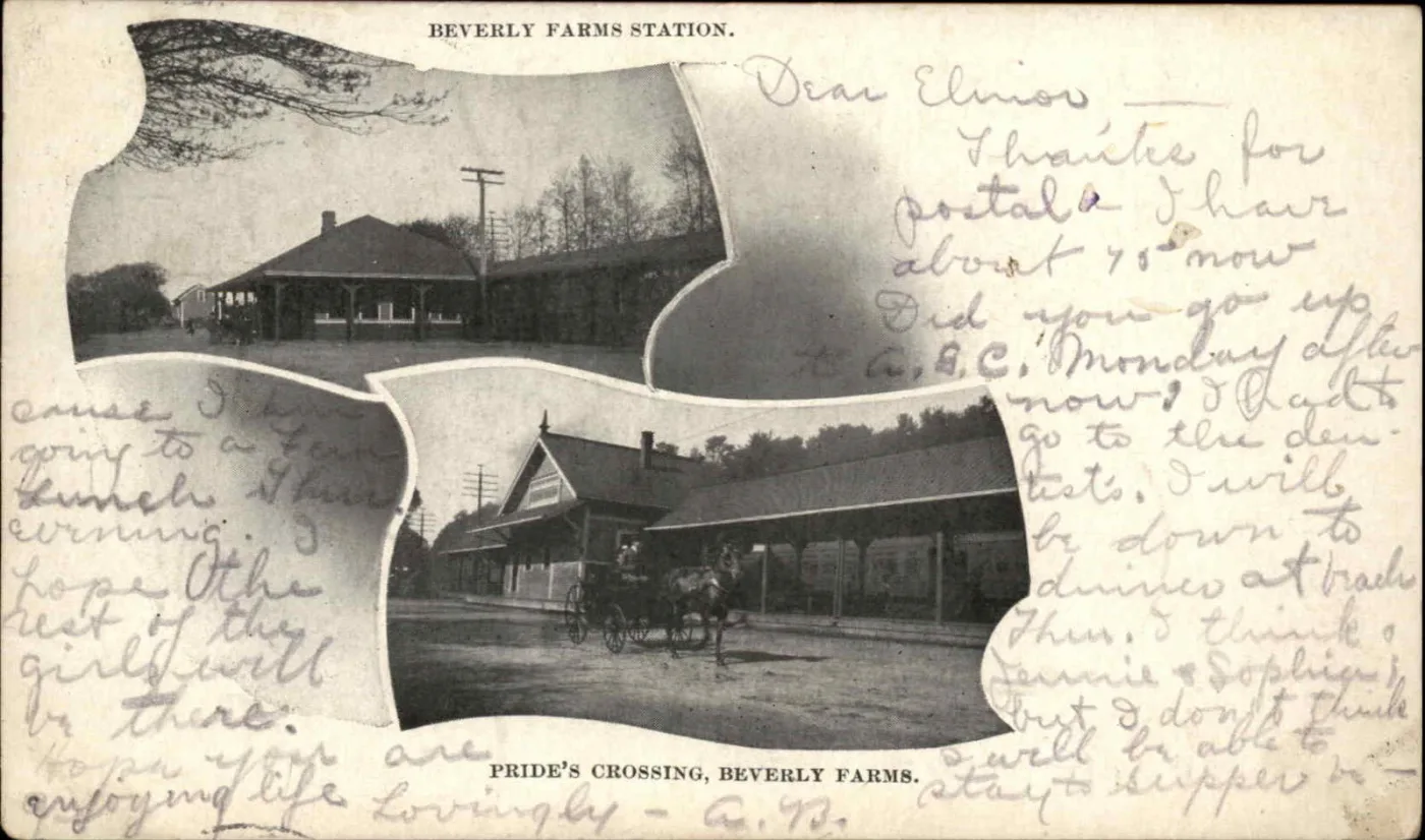 Black and white multi-view card of two railway stations, with a pencil message written across the blank scrollwork of the picture side