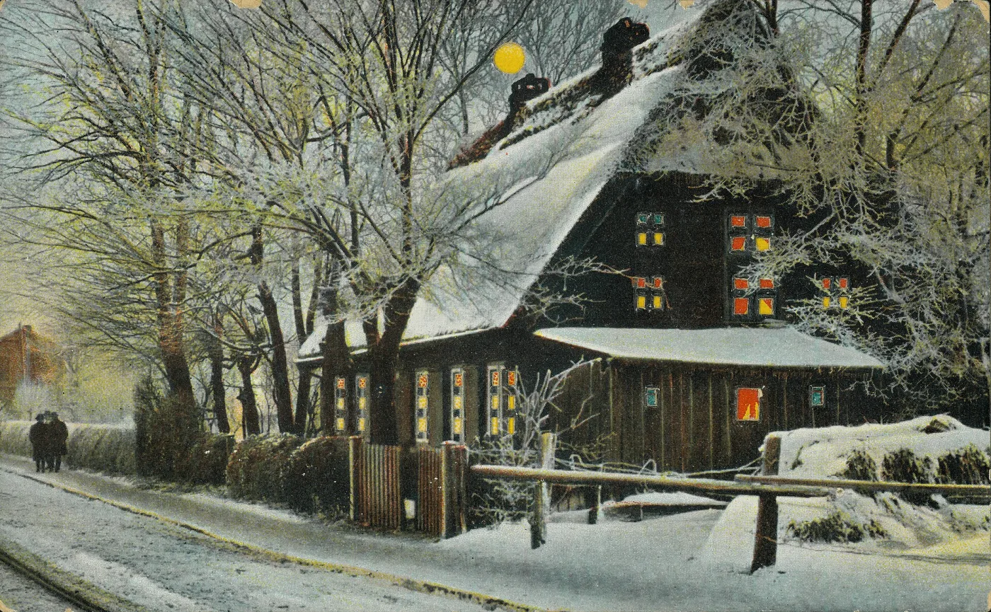 Colour postcard of a snow-covered timber house at night among bare trees, its windows and the moon printed in bright yellow, orange and green