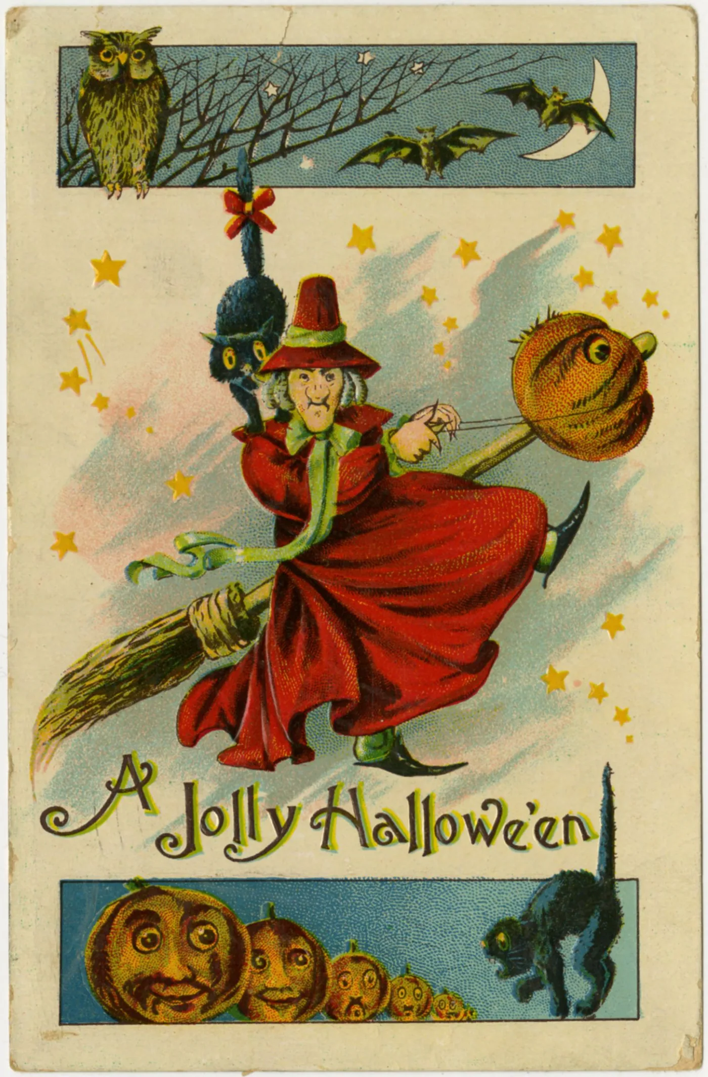 Embossed colour postcard of a witch in a red cloak riding a broom with a black cat, captioned A Jolly Hallowe'en, with panels of jack-o'-lanterns, an owl and bats