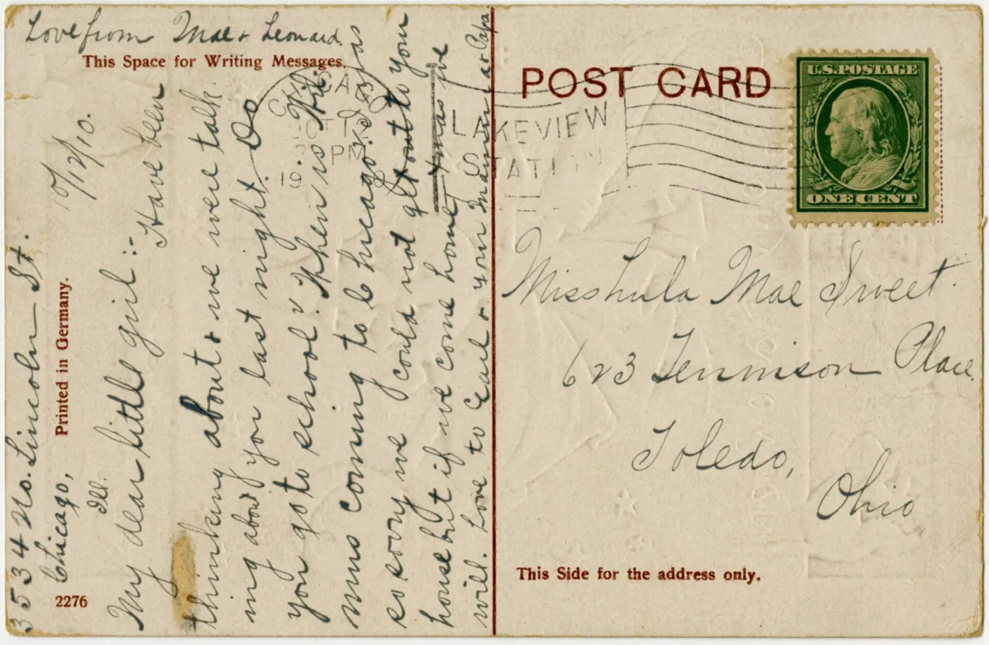 Back of a postcard postmarked 1910, split by a vertical rule, headed This Space for Writing Messages on the left and This Side for the address only on the right, with Printed in Germany at the edge
