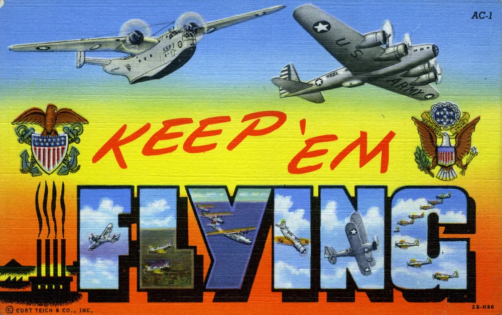 Linen postcard captioned Keep 'Em Flying with two military aircraft above lettering filled with aeroplane scenes, marked Curt Teich and Co and coded 2B-H96