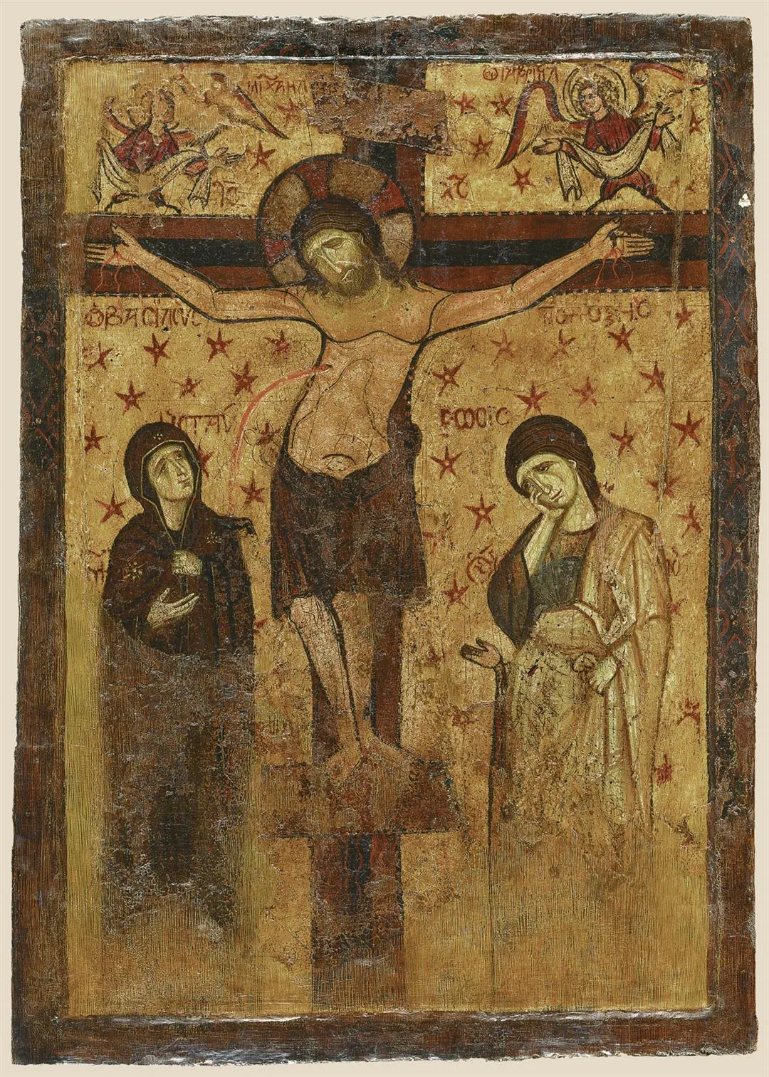 Heavily worn double-sided icon showing the Crucifixion with the Virgin and Saint John, the paint abraded to bare wood over much of the surface
