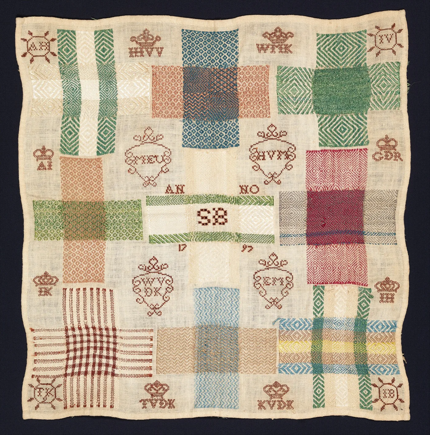 Square linen sampler covered with about twenty small woven darning patches in green, blue, red and pink silk, with crowned initials worked between them and the date 1797 at the centre