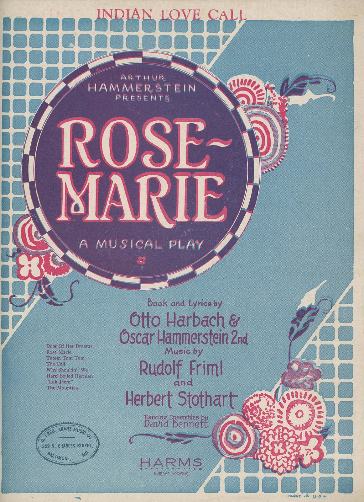 Art Deco sheet music cover on a pale blue lattice ground, the title Rose-Marie in a circular medallion with stylised roses, above credits for Harbach, Hammerstein, Friml and Stothart