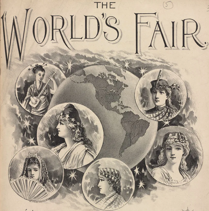 Sheet music cover showing a globe encircled by six oval portraits of women in the national dress of different countries, titled The World's Fair