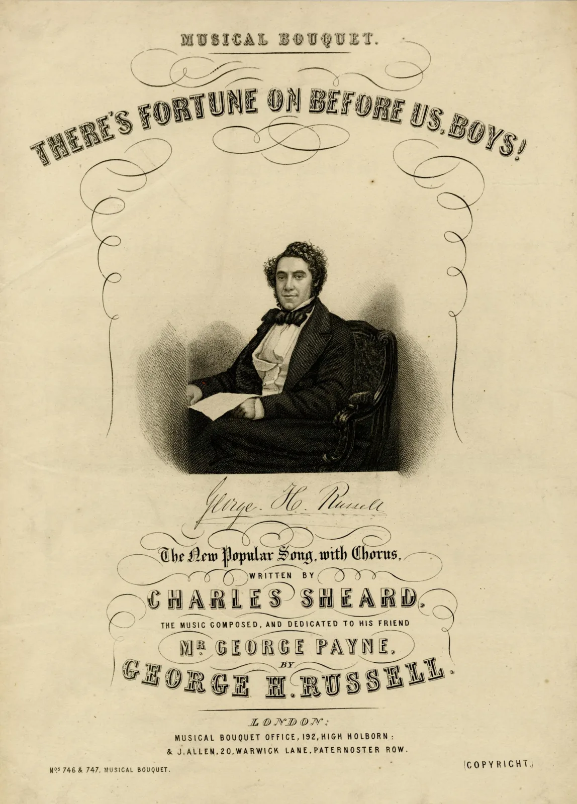 Lithographed sheet music cover headed Musical Bouquet, with a title in decorative capitals above an oval portrait of a seated man holding papers, and publisher lines in small type at the foot