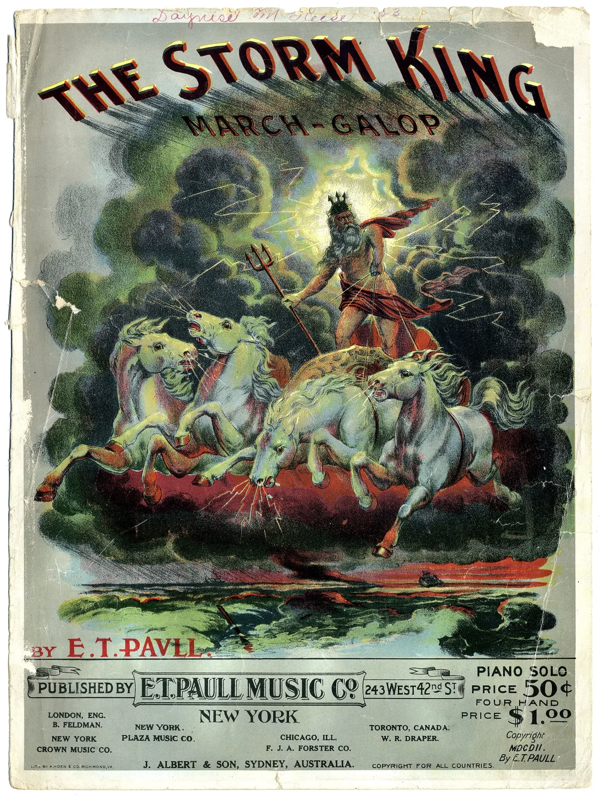 Sheet music cover printed in many colours showing a crowned figure driving four rearing white horses through a storm, with the title The Storm King March-Galop above and publisher details below