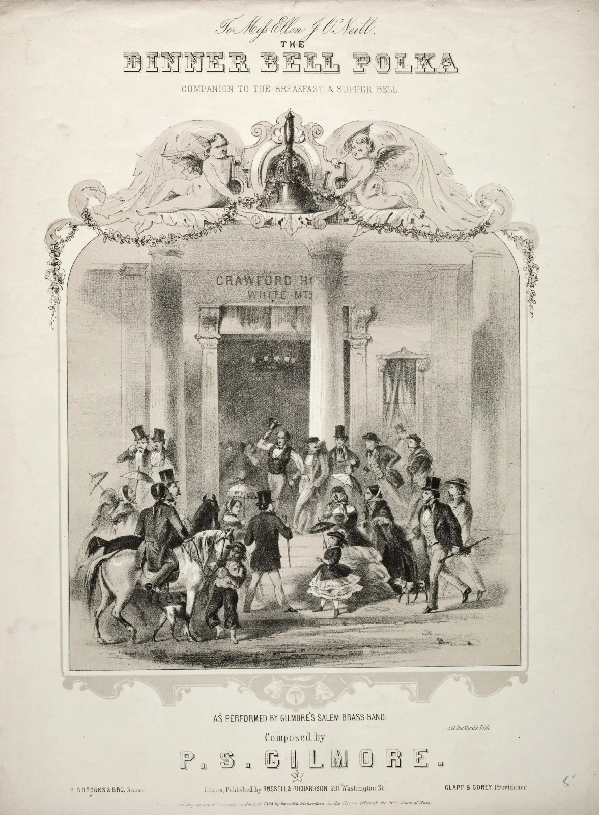 Sheet music cover lithographed in black and white with a crowded scene of figures under a pillared veranda beneath a large tree, titled Dinner Bell Polka