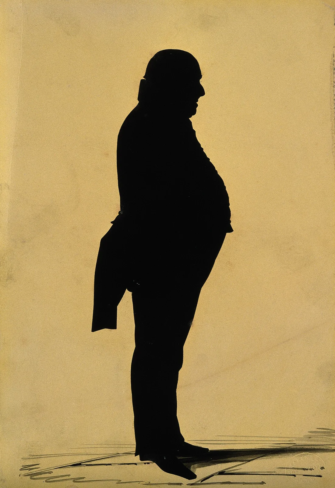 Full-length silhouette of a stout man in profile facing left, wearing a long coat with tails and a queue, cut in solid black and pasted on a plain yellowed sheet with faint ground shading