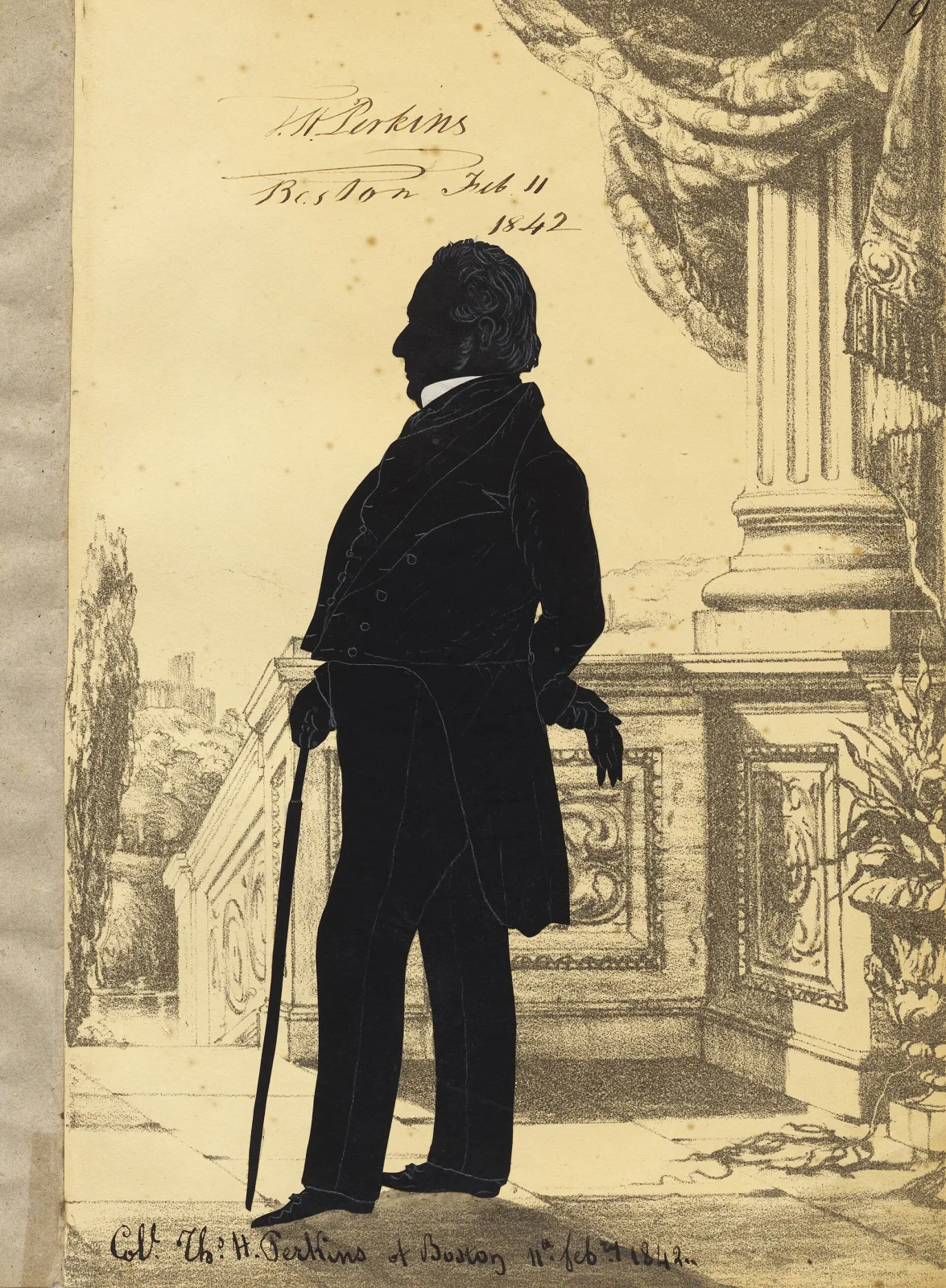 Full-length black cut-paper silhouette of a standing man in a tailcoat holding a cane, mounted on a lightly drawn lithographed background of a balustrade and drapery, with inscriptions in ink above and below