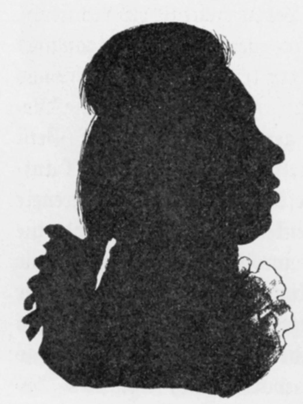 Bust-length black silhouette of a man in profile facing left, with a fine white line drawn through the profile at the collar and shirt frill, breaking the solid black