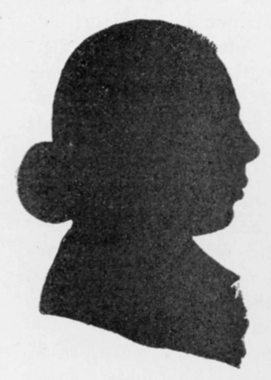Bust-length silhouette of a man in profile facing left, in solid black against a plain cream ground, showing a queue of hair tied at the nape and a high collar