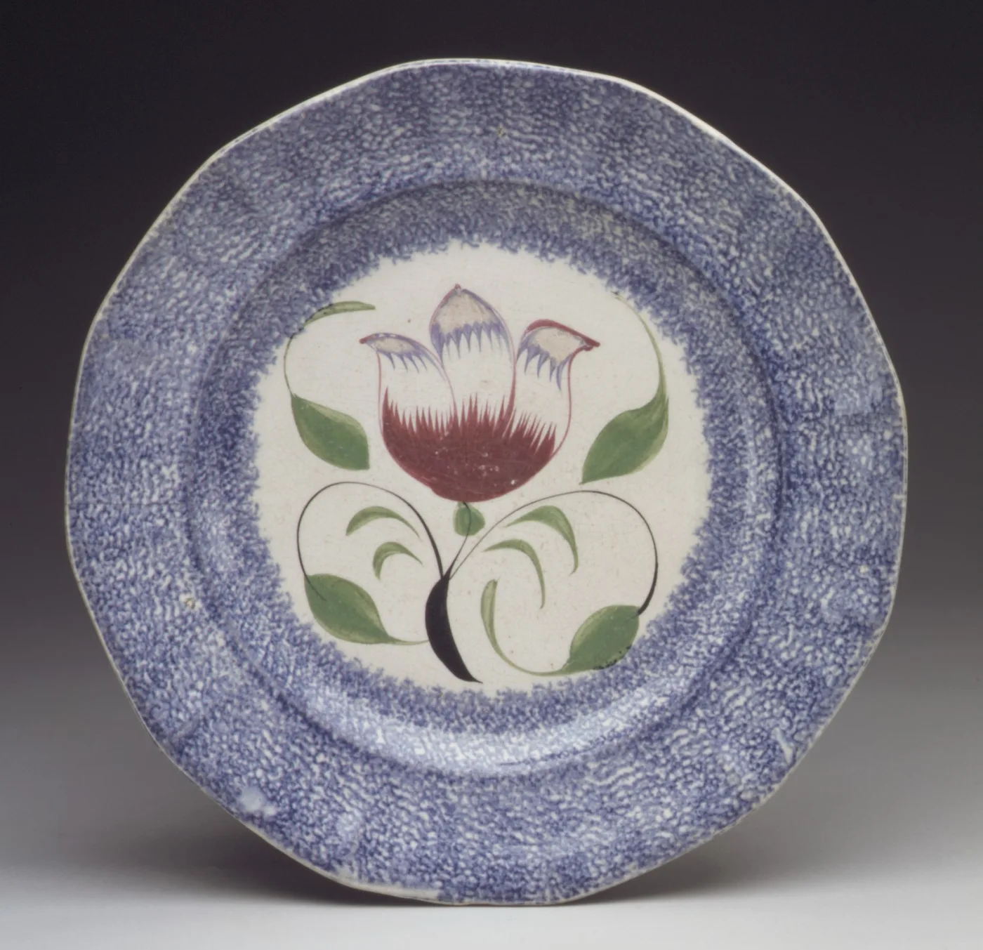 Scallop rimmed plate of about 1830 with a fine blue spattered border and a hand-painted tulip in red, green and black in the white centre