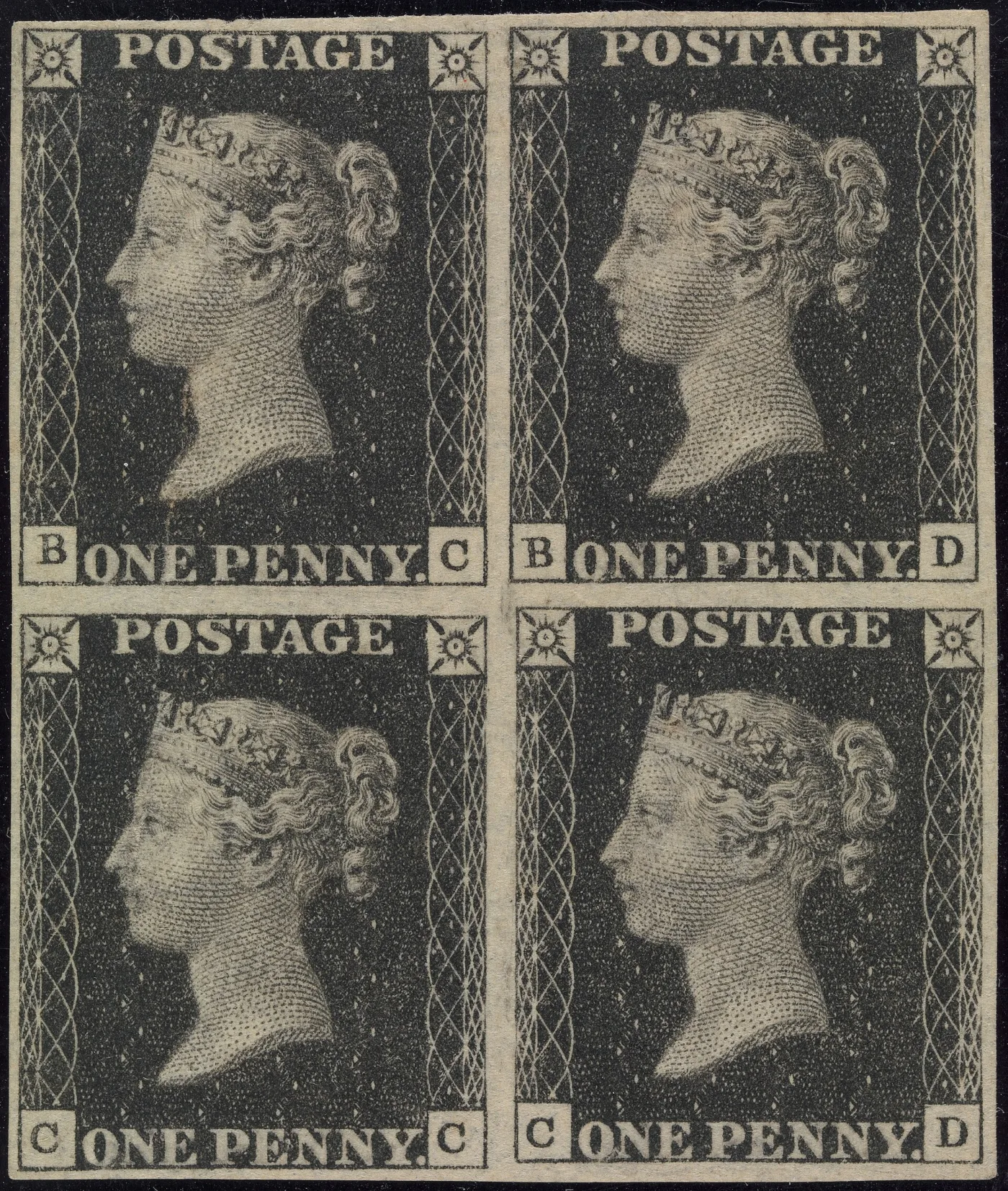 Unused block of four Penny Black stamps with straight cut edges and a different pair of letters in the lower corners of each