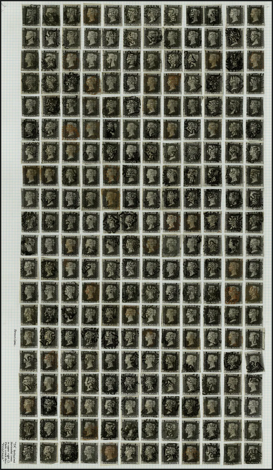 A large sheet of graph paper mounted with more than two hundred used Penny Black stamps arranged in twelve columns and twenty rows to rebuild the original printing plate