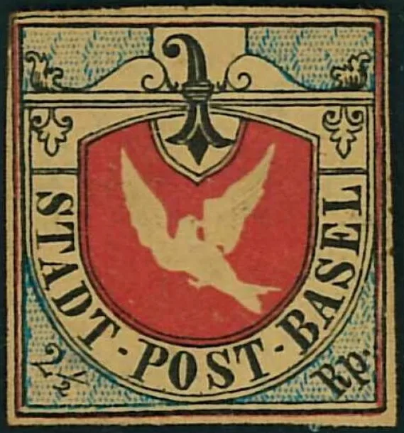 Imperforate stamp inscribed STADT POST BASEL showing a white dove on a red shield against a pale blue ground, value two and a half rappen