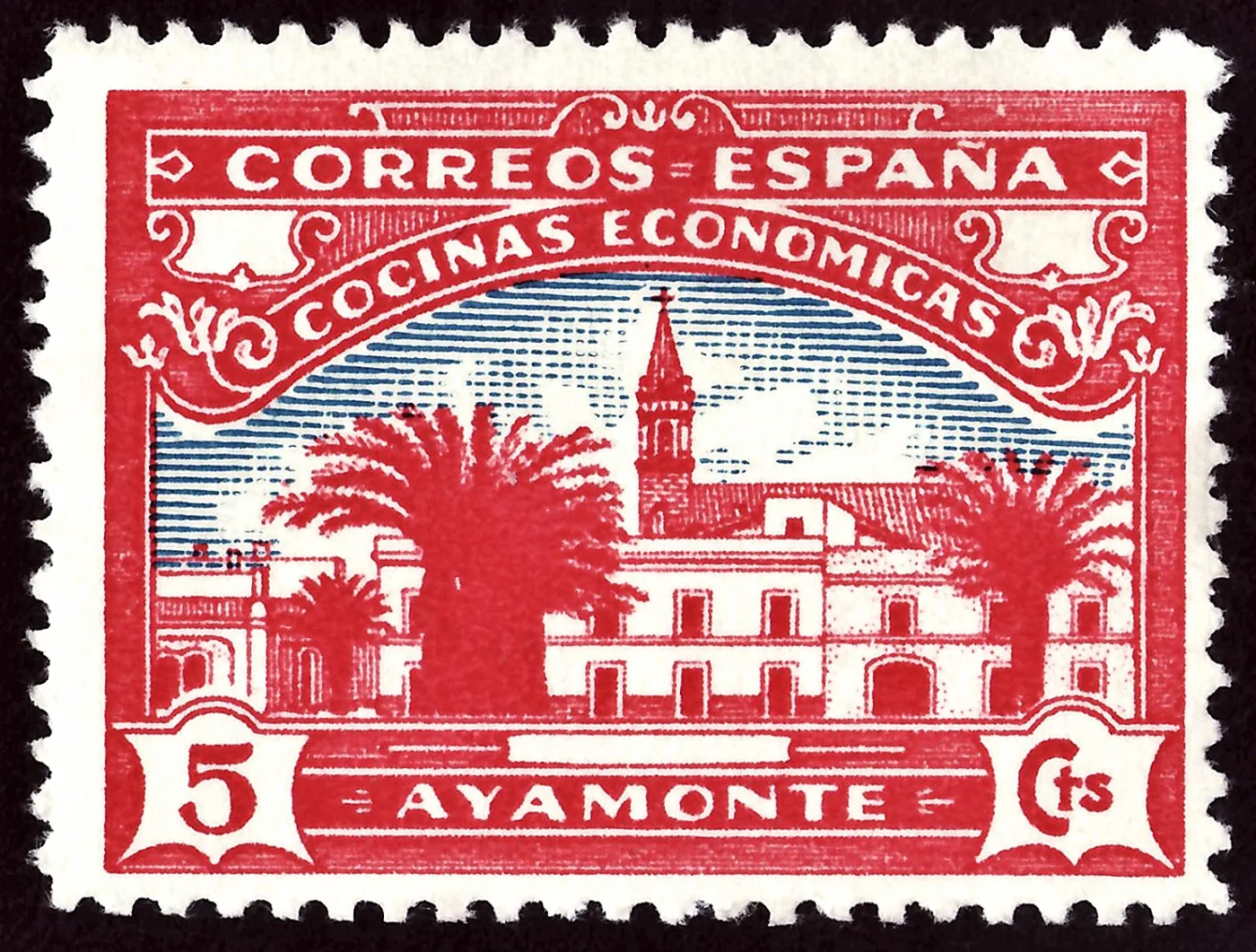 Perforated Spanish stamp printed in red and blue showing a palm-lined waterfront and a church tower, inscribed CORREOS ESPANA, COCINAS ECONOMICAS and AYAMONTE, value five centimos