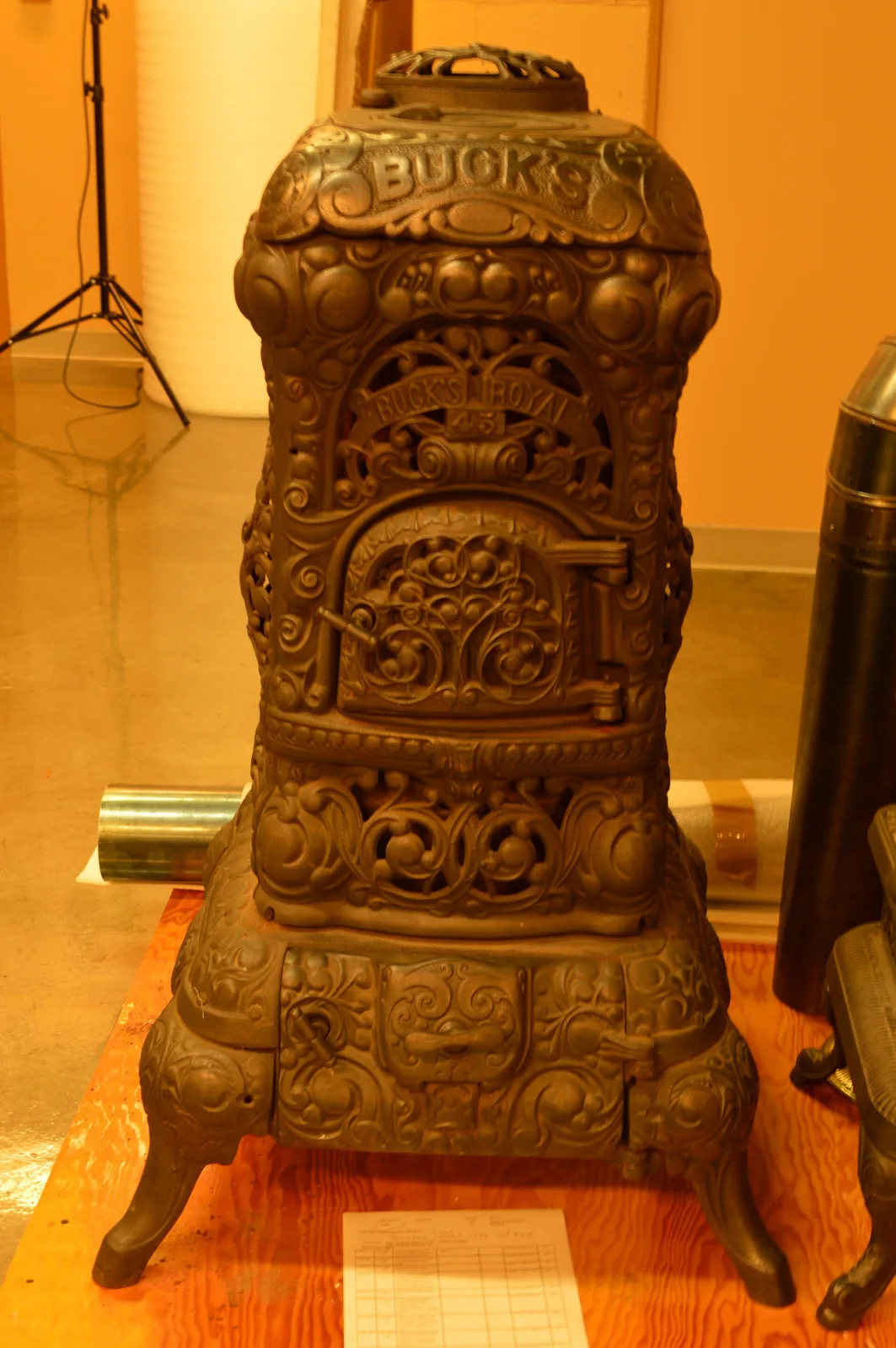 Ornate cast-iron parlour stove standing on four curved legs, its domed top cast with the word BUCK'S, the body covered in scrolled and foliate relief with a hinged mica-glazed fire door in the middle