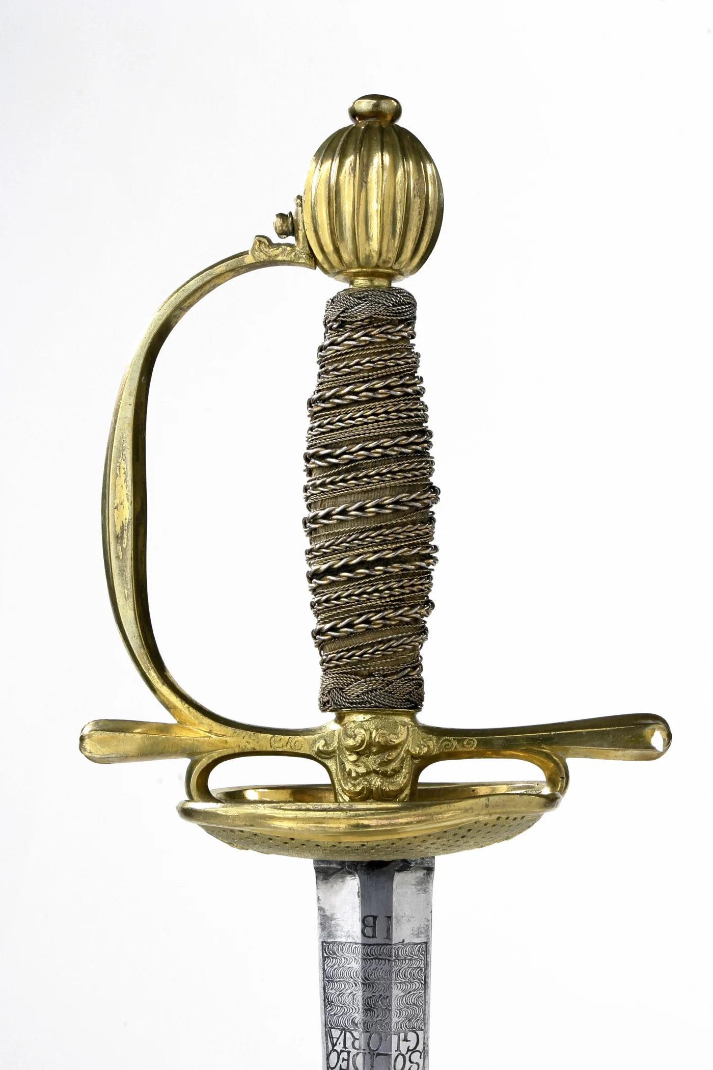 Gilt hilt showing fluted pommel, knuckle bow, straight quillons, oval shell guard and wire-bound grip