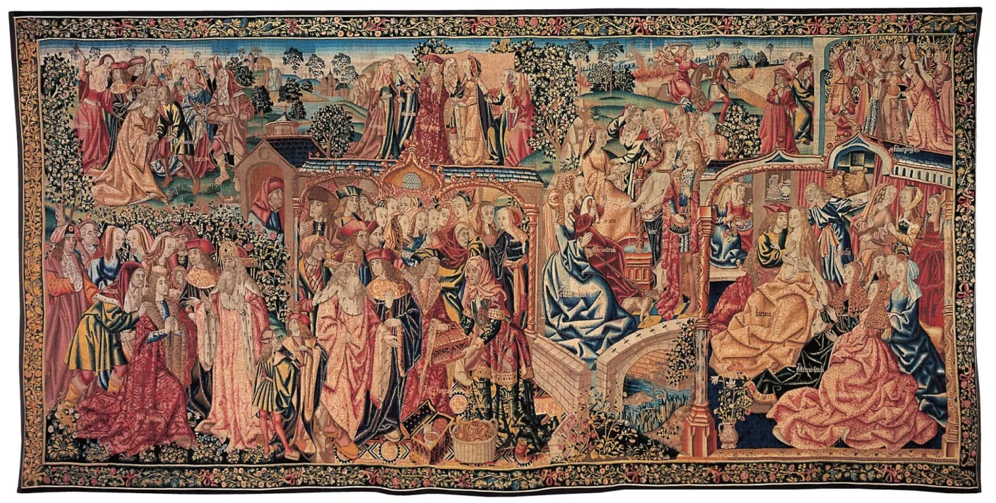 Wide Flemish narrative tapestry of about 1500 to 1520 showing several episodes of the Parable of the Prodigal Son side by side in one continuous field, crowded with figures in period dress
