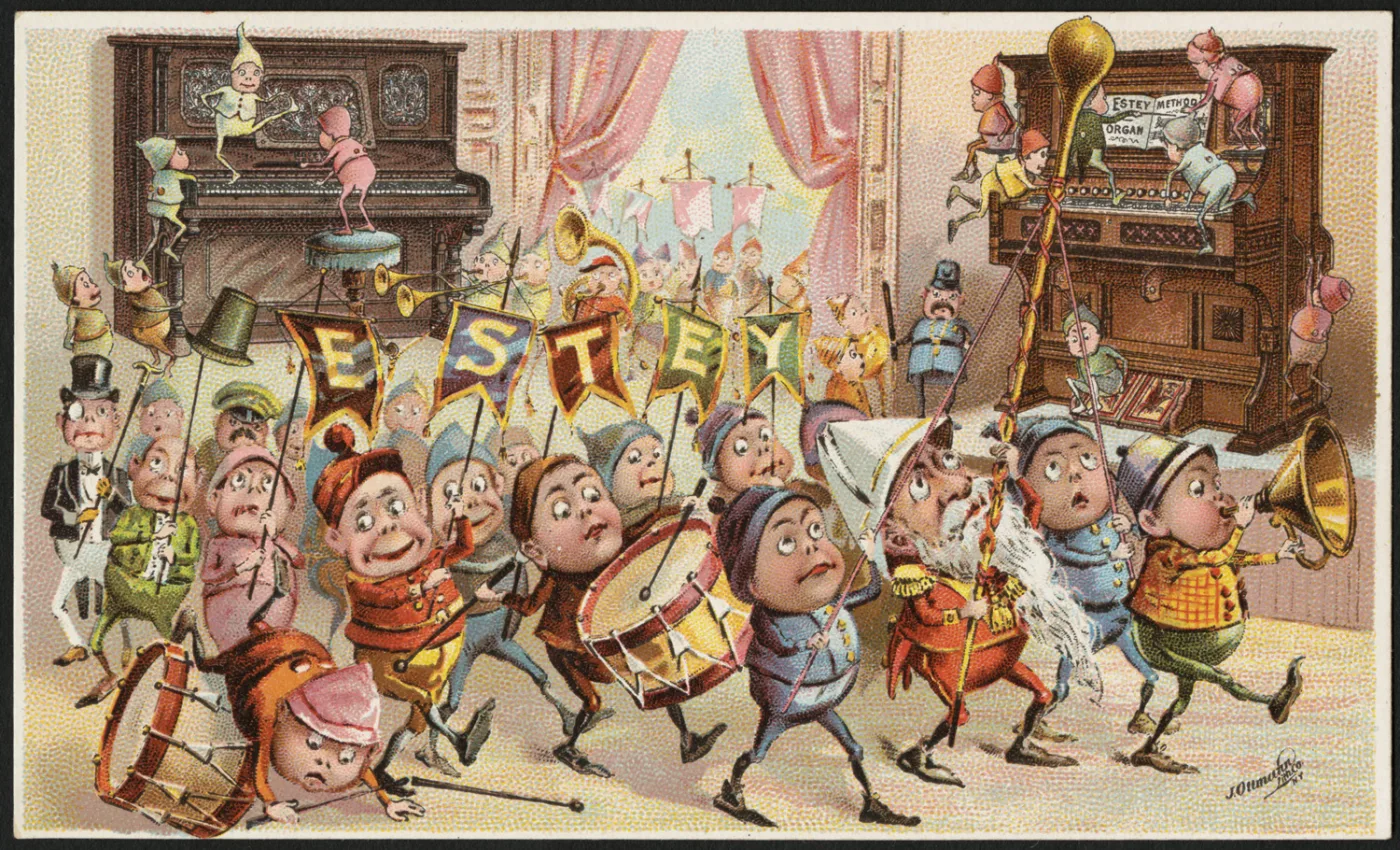 Long horizontal chromolithographed card showing a procession of caricatured figures in fancy dress marching and playing instruments across a parlour in front of a reed organ