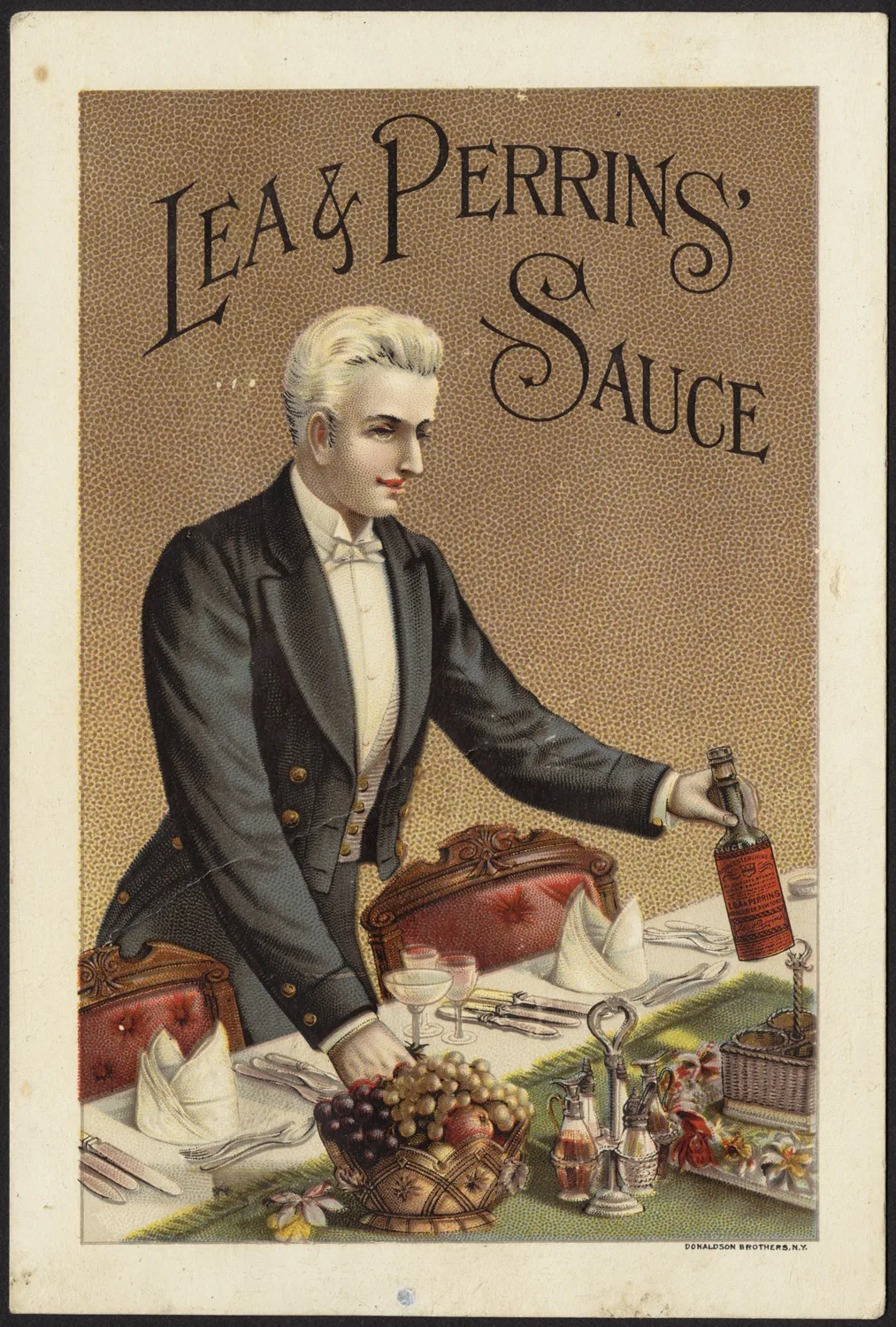 Upright chromolithographed card showing a man in evening dress at a laid table holding a bottle of sauce, with the words Lea and Perrins' Sauce arched across the top