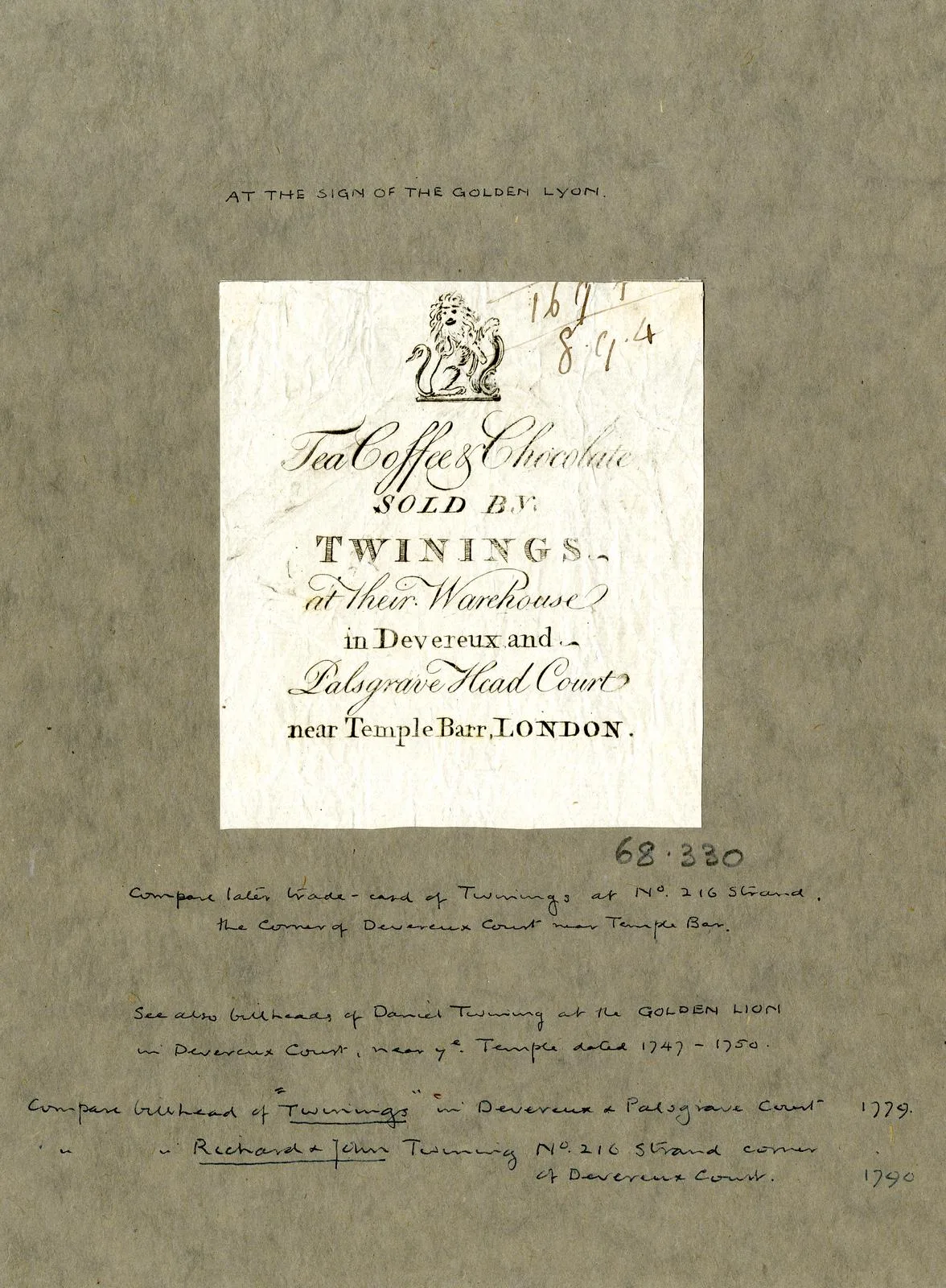 Engraved eighteenth-century trade card for Twinings, tea and coffee dealers, headed with a small device above lines of engraved text and later manuscript notes below